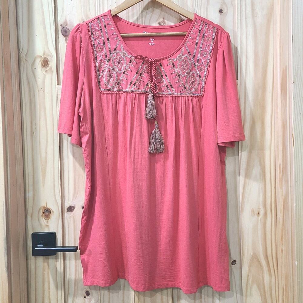 Roamans Embroidered Tassle Tunic Top Size Beachy Boho Hippie Relaxed Fit 14/16